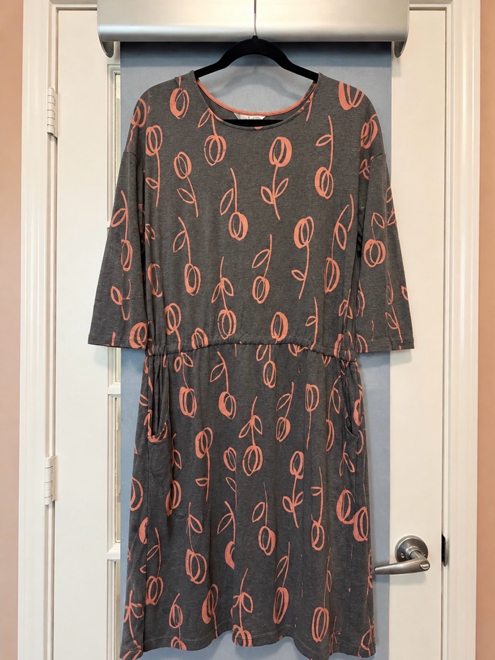Boden Hettie Jersey Dress Gray Pink Tulip Floral Pockets 14R